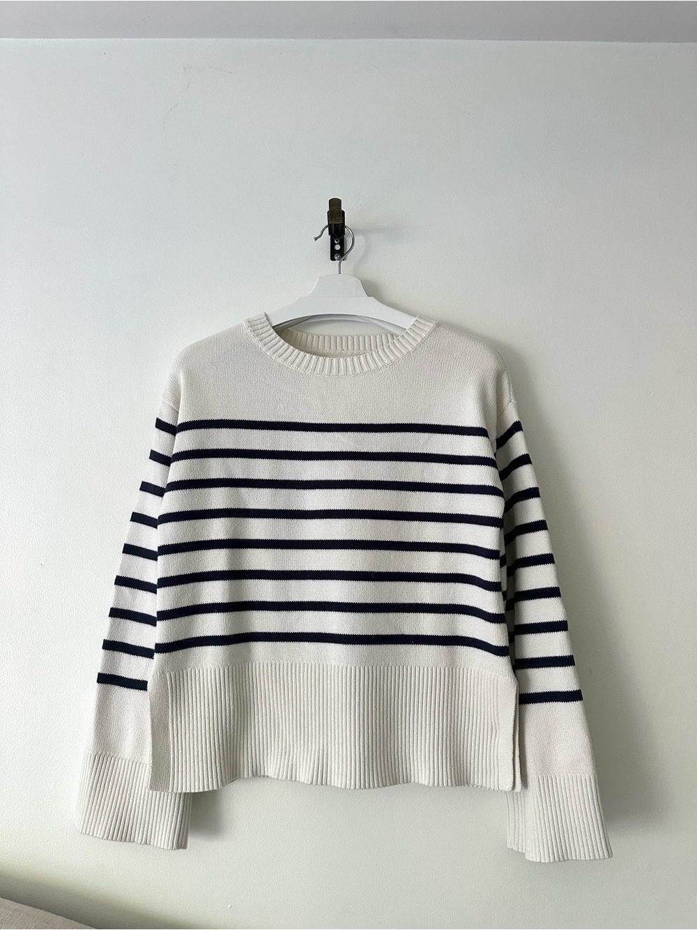 Hudson North White Knit Sweater with Navy Stripes